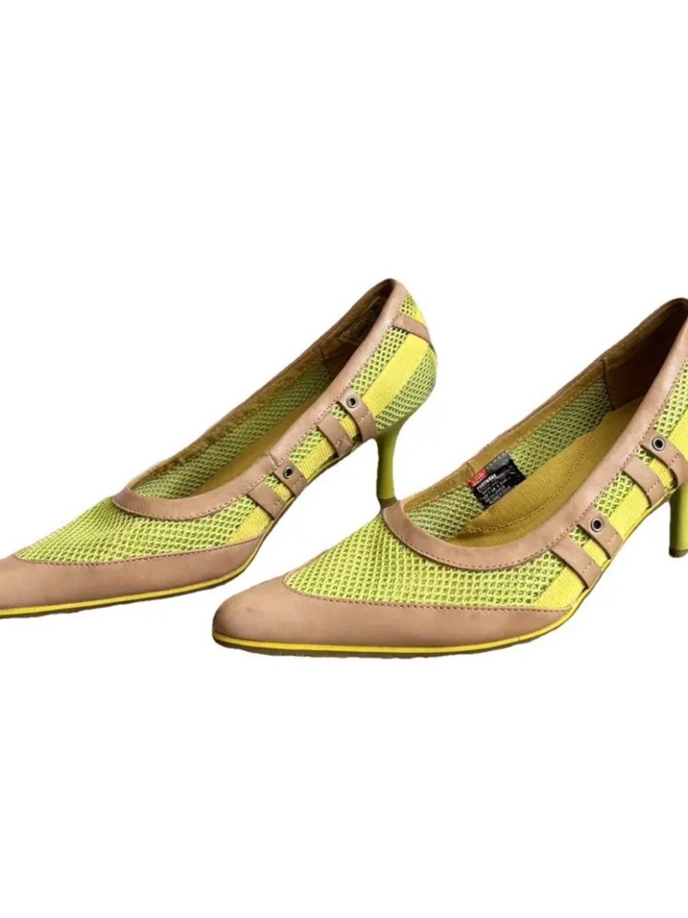 Diesel Beige and Lime Vintage Pointed-Toe Mesh Heels
